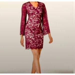 Red Lace Bell Sleeve Cocktail Dress 12 V-Neck Holiday Romantic Vamp V-Neck